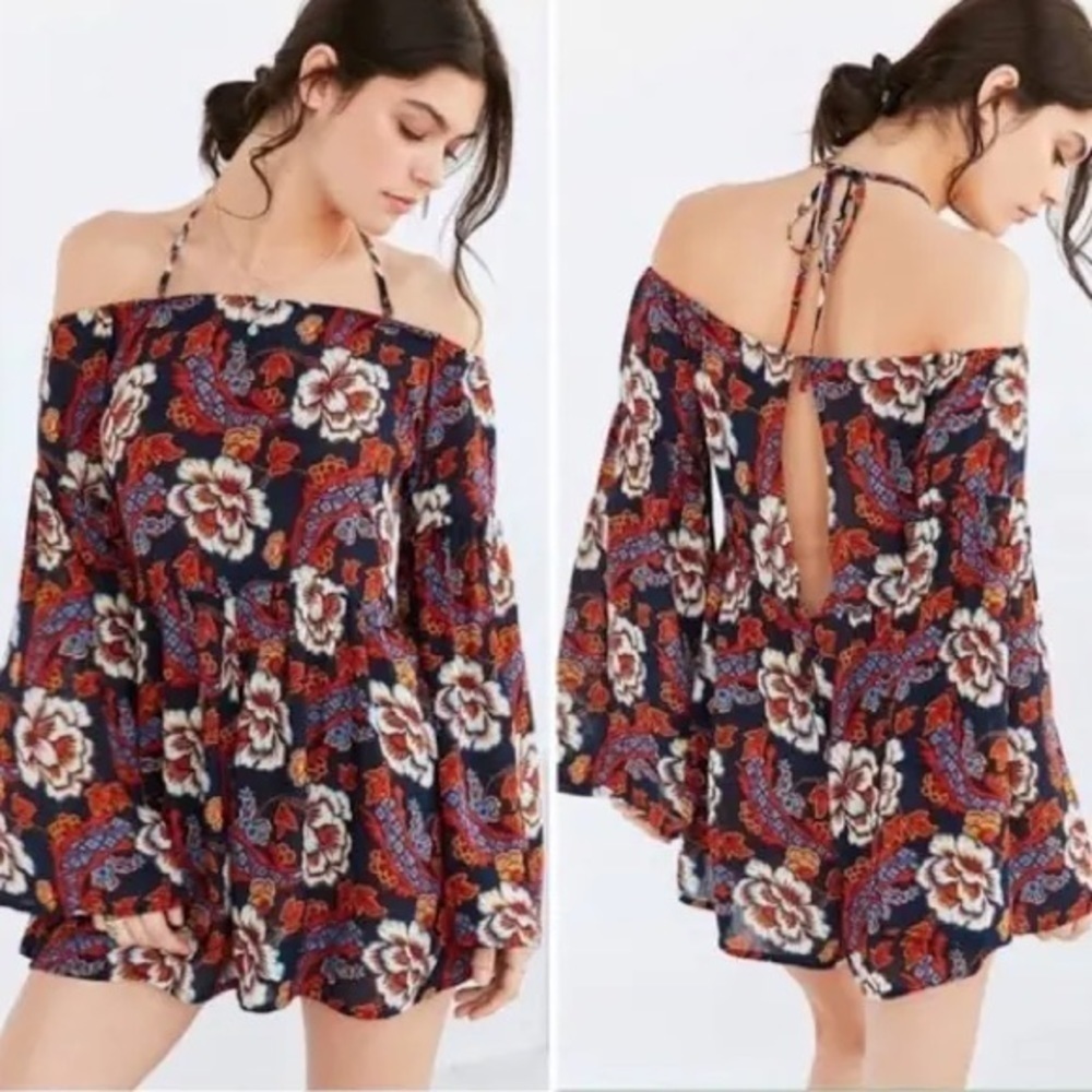 Urban Outfitters Out From Dreamy Days Gauze Floral Romper Boho Long Bell Sleeves